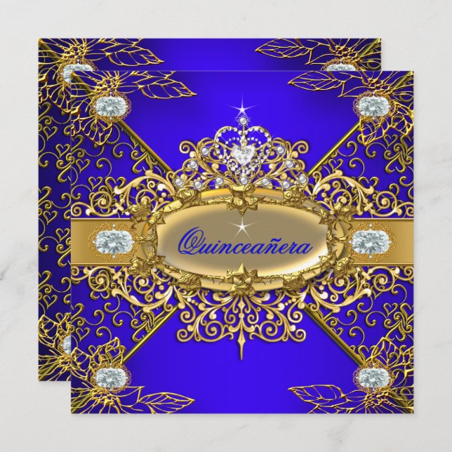 Invitación Elite Quinceanera Royal Blue Gold Damask 15th 2 (Anverso / Reverso)