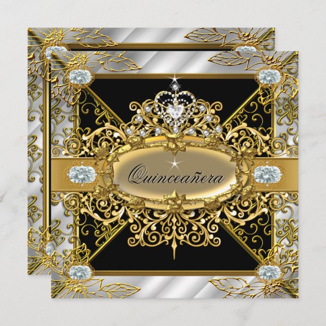 Invitación Elite Quinceanera Silver Gold Black Damask 15 (Anverso / Reverso)