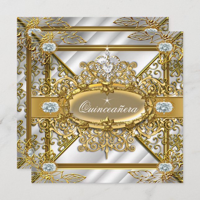 Invitación Elite Quinceanera Silver Gold Damask 15 cumpleaños (Anverso / Reverso)