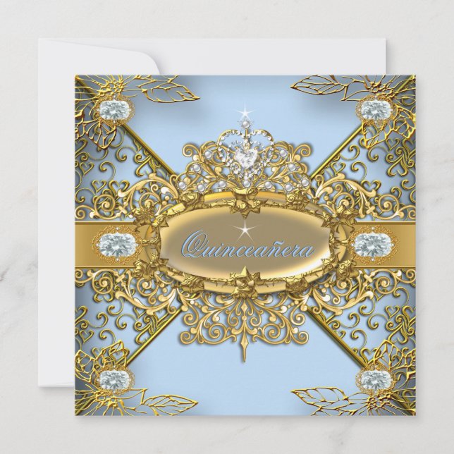 Invitación Elite Quinceanera Soft Blue Gold Damask 15 (Anverso)