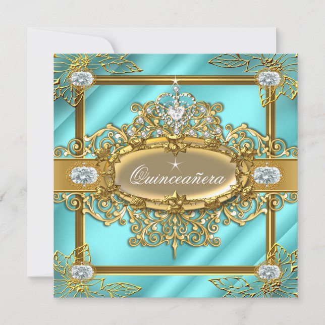 Invitación Elite Quinceanera Verde azulado azul Gold Damask 1 (Anverso)