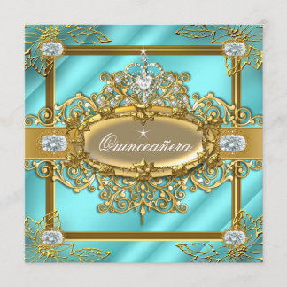 Invitación Elite Quinceanera Verde azulado azul Gold Damask 1