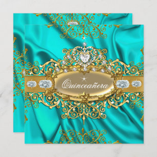 Invitación Elite Quinceanera Verde azulado Fiesta de oro plat