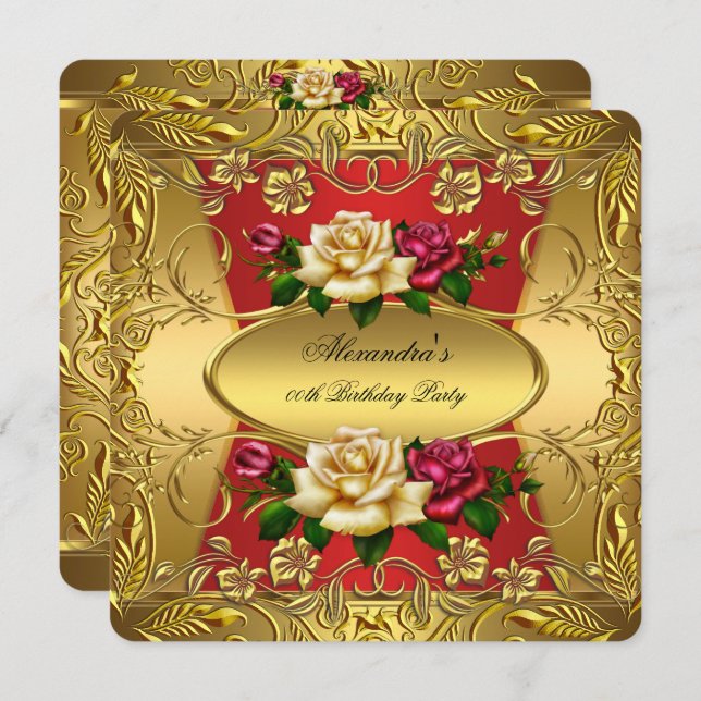 Invitación Elite Red Cream Rosas Ornate Gold Birday Party (Anverso / Reverso)