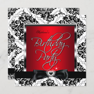 Invitación Elite Red Damask Silver Black White Birday Party