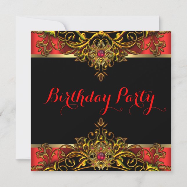 Invitación Elite Regal Red Gold Black Elegthday Party (Anverso)