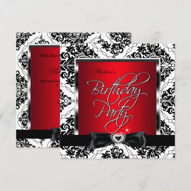 Invitación Élite Rojo Damasco Plata Negro Blanco Fiesta de Cu (Anverso / Reverso)