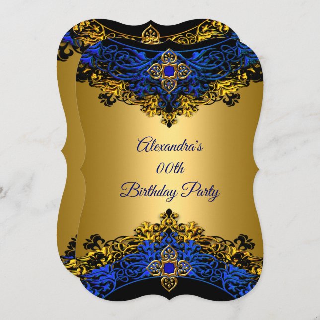 Invitación Elite Royal Blue Gem Gold Black Birday Party (Anverso / Reverso)