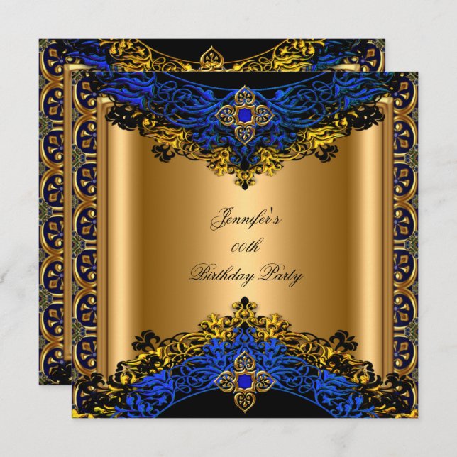 Invitación Elite Royal Blue Gold Black Birday Party (Anverso / Reverso)