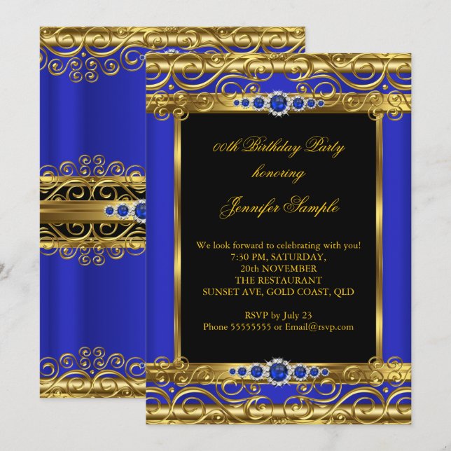 Invitación Elite Royal Blue Gold Damask Pearl Birthday Party (Anverso / Reverso)