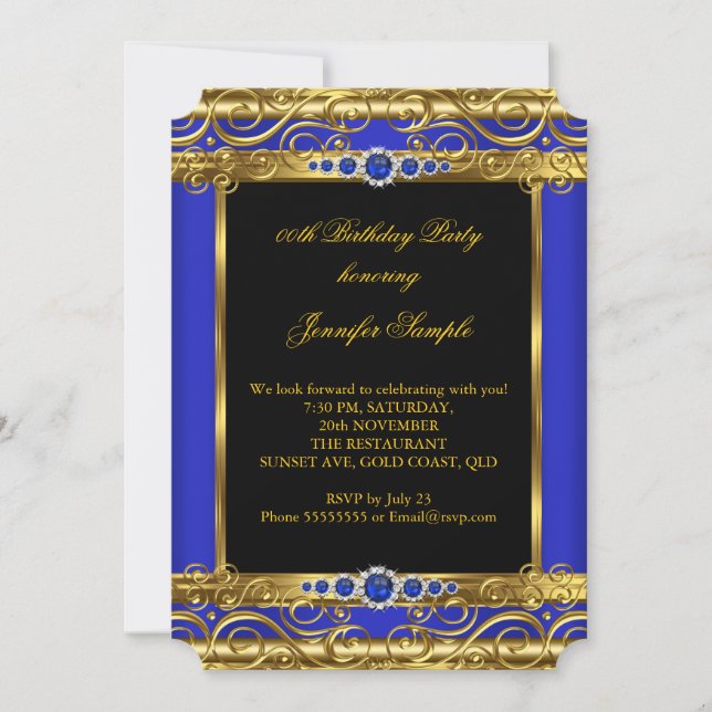 Invitación Elite Royal Blue Gold Damask Pearl Birthday Party (Anverso)
