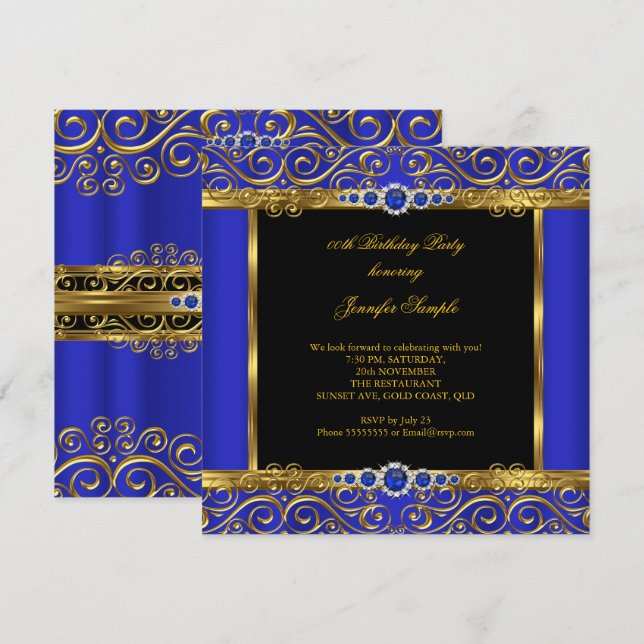 Invitación Elite Royal Blue Gold Damask Pearl Cumpleaños 2 (Anverso / Reverso)