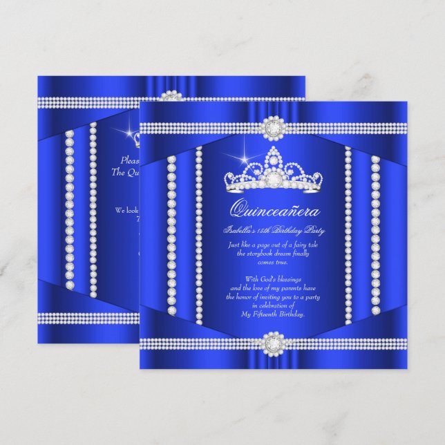 Invitación Elite Royal Blue Princess Quinceanera Diamond (Anverso / Reverso)