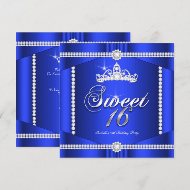 Invitación Elite Royal Blue Princess Sweet 16 Fiesta Diamond (Anverso / Reverso)