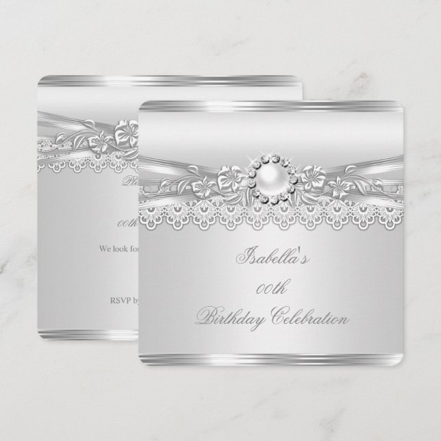 Invitación Elite Silver White Pearl Lace Floral Cumpleaños (Anverso / Reverso)