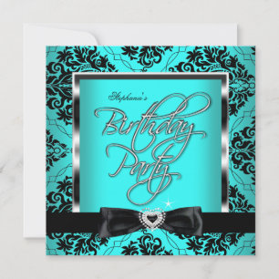 Invitación Elite Verde azulado Blue Damask Silver Black Birda