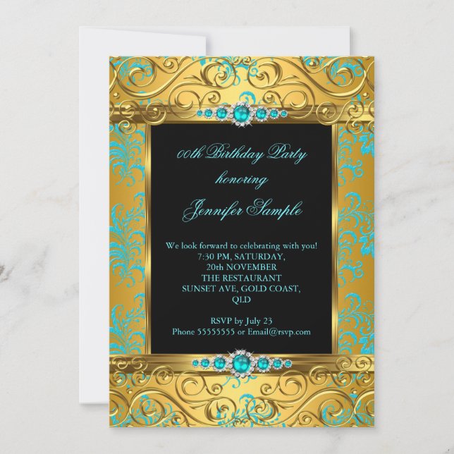 Invitación Elite Verde azulado Blue Gold Damask Pearl Birthda (Anverso)