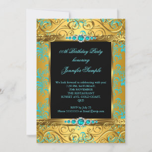 Invitación Elite Verde azulado Blue Gold Damask Pearl Birthda