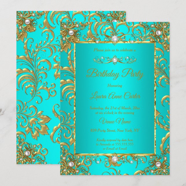 Invitación Elite Verde azulado Blue Gold Damask Pearl Birthda (Anverso / Reverso)