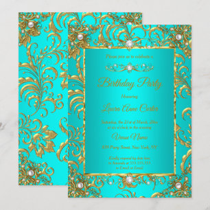 Invitación Elite Verde azulado Blue Gold Damask Pearl Birthda