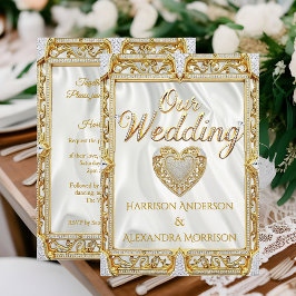 Invitación Elite Wedding Gold White Silk Diamond Frame Heart