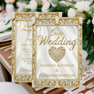 Invitación Elite Wedding Gold White Silk Diamond Frame Heart