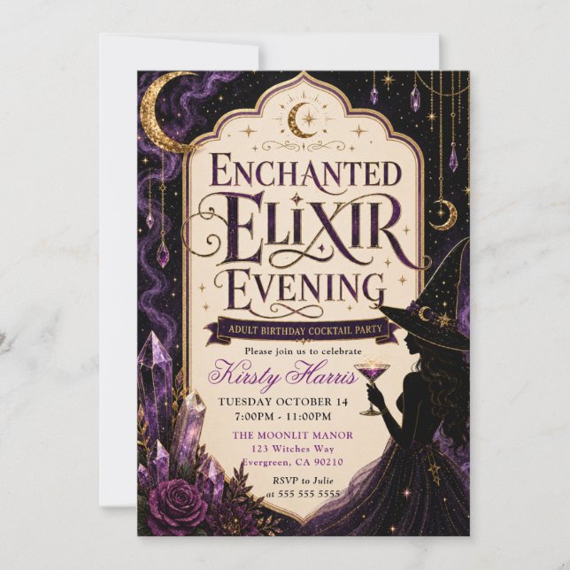 Invitación Elixir de Bruja Encantada Cumpleaños Nocturno (Anverso)