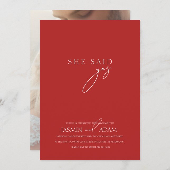 Invitación ¡Ella dijo que sí! Boda fotográfico de guión rojo  (Anverso / Reverso)