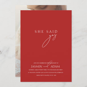 Invitación ¡Ella dijo que sí! Boda fotográfico de guión rojo 