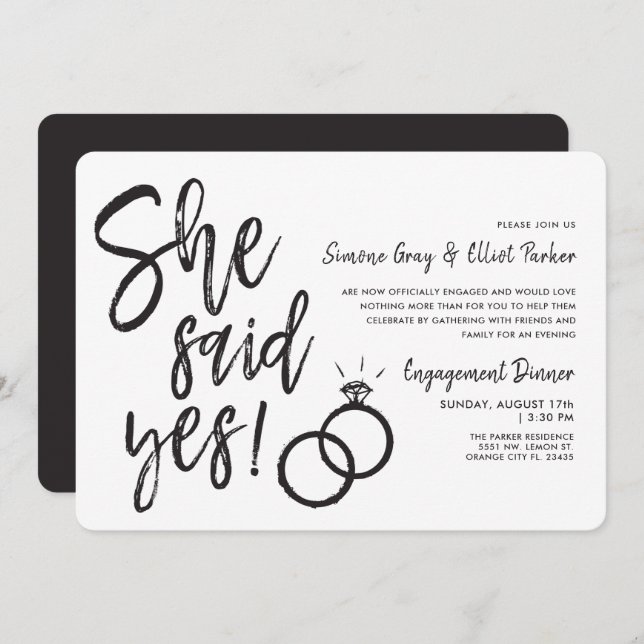 Invitación Ella dijo que sí | Cena de compromiso de anillos d (Anverso / Reverso)