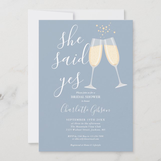 Invitación Ella dijo que sí Champagne Despedida de soltera az (Anverso)