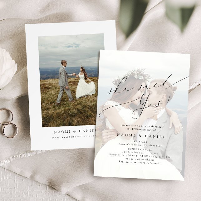 Invitación Ella dijo que sí Foto de compromiso con guión mode (She Said Yes Modern Script Photo Engagement Invitation)