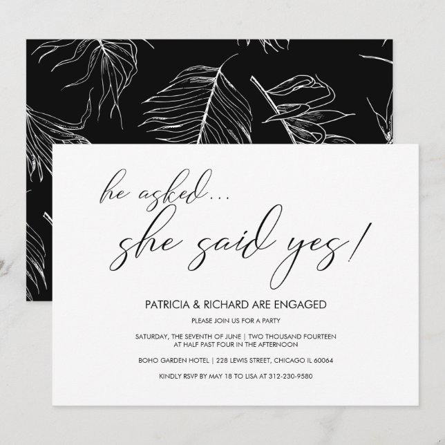 Invitación Ella Dijo Sí Fiesta de Compromiso con Caligrafía S (Anverso / Reverso)