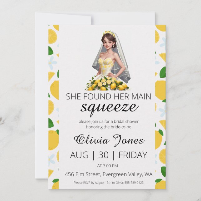 Invitación ella encontró su ducha de novia exprimida principa (Anverso)