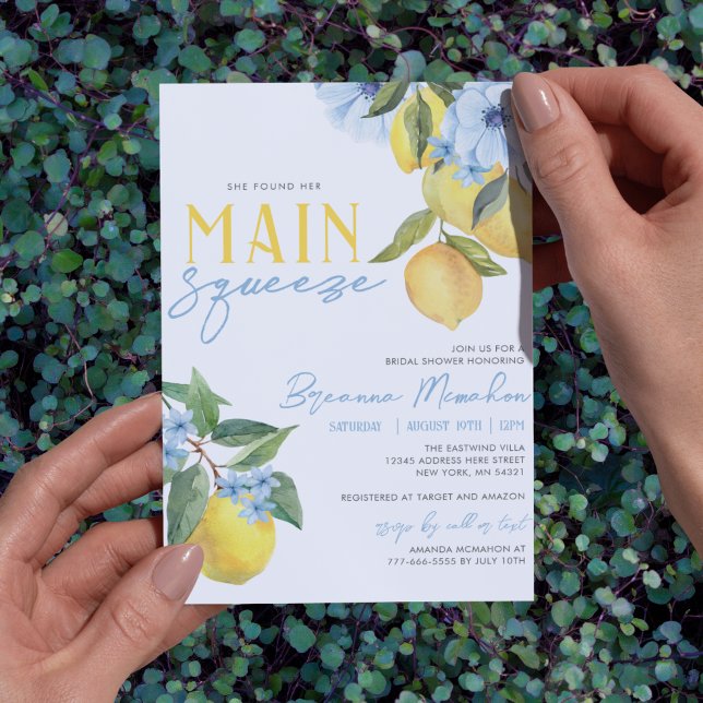Invitación Ella Encontró su Dulce Lemón para la Despedida de  (Blue Flower Lemon Bridal Invitations. Available printed with envelopes or printable digital download)