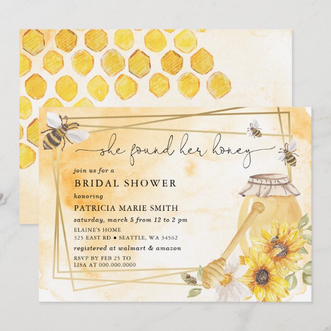 Invitación Ella Encontró Su Lluvia De Flores De Abejas Para D (Anverso / Reverso)