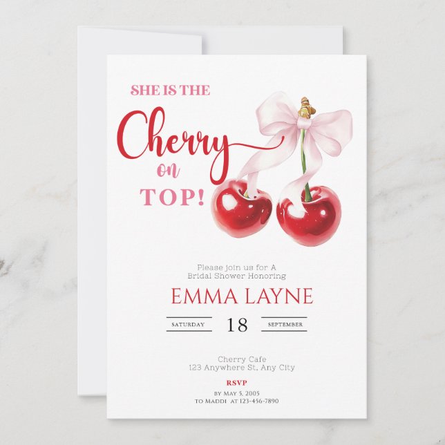 Invitación Ella es la cereza de la Coquette Bridal Shower in (Anverso)