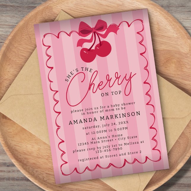 Invitación Ella es la cereza en el Baby Shower rosado superio (Subido por el creador)