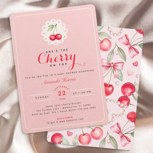 Invitación Ella es la cereza en la Coquette Baby Shower (Cherry Themed Baby Shower Invitation)