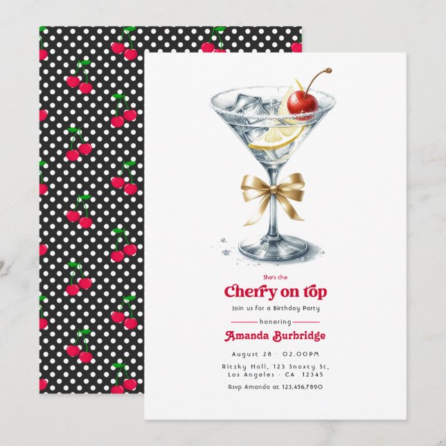 Invitación Ella es la Fiesta de Cumpleaños Martini Cereza en  (Anverso / Reverso)