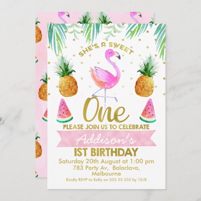 Invitación Ella Es Tan Dulce Flamingo Tropical Primer Cumplea (Anverso / Reverso)