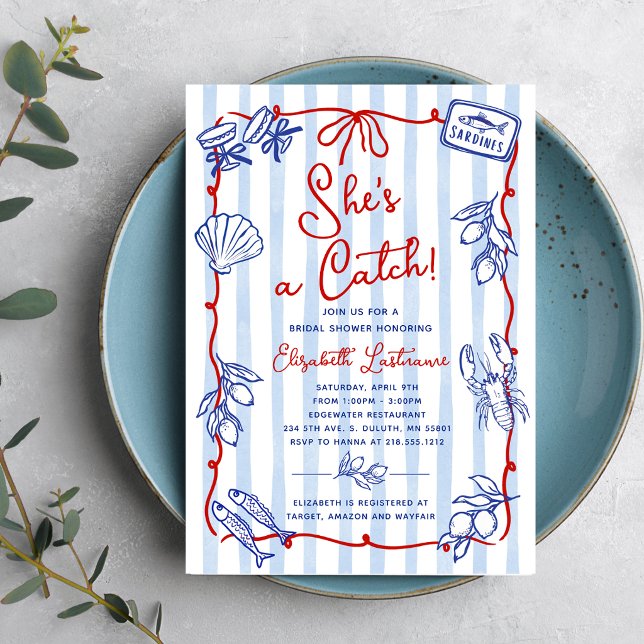 Invitación Ella es un partido Fiesta de Despedida de Soltera  (Hook your guests’ attention with this charming She’s a Catch Whimsical Bridal Shower Invitation.)