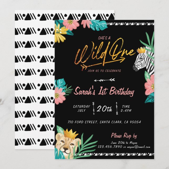 Invitación Ella es un salvaje cumpleaños tribal de una selva  (Anverso / Reverso)