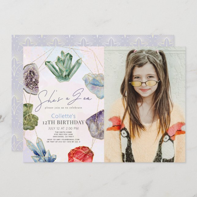 Invitación Ella es una Chica de Gem Crystals Gemstone foto de (Anverso / Reverso)