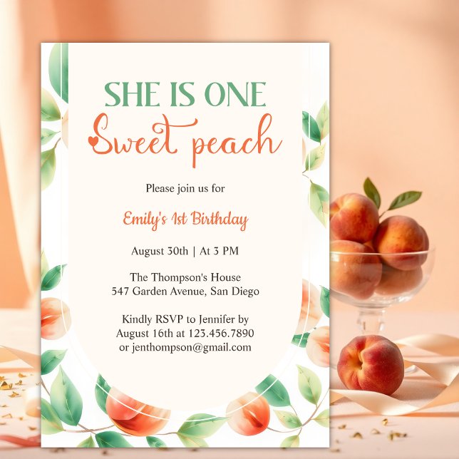 Invitación Ella Es Una Dulce Peach Primer Chica Cumpleaños (She Is One Sweet Peach First Birthday Party for Baby Girl Invitation)