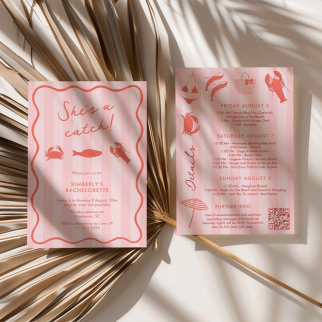Invitación Ella es una langosta rosa naranja soltera (She's a catch pink and orange bachelorette party weekend invitations with hand-drawn illustrations)