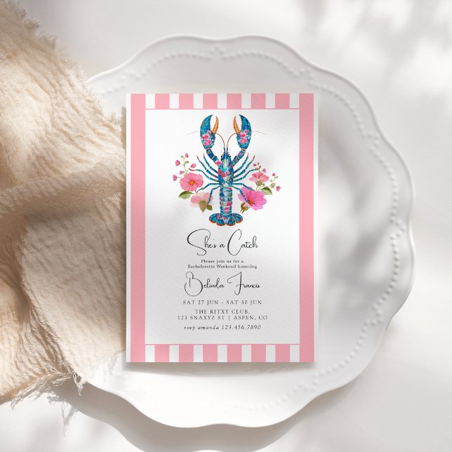 Invitación Ella es una Semana de Soltera Costera de Langostin (She’s a Catch Lobster Coastal Bachelorette Weekend Invitation)