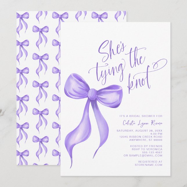 Invitación Ella está atando la ducha de novia morada Knot Pur (Anverso / Reverso)