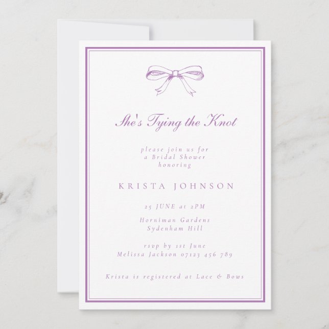 Invitación Ella está atando la ducha de novia morada Knot Pur (Anverso)
