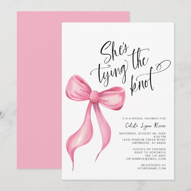 Invitación Ella está atando la ducha de novias de vaca rosa K (Anverso / Reverso)